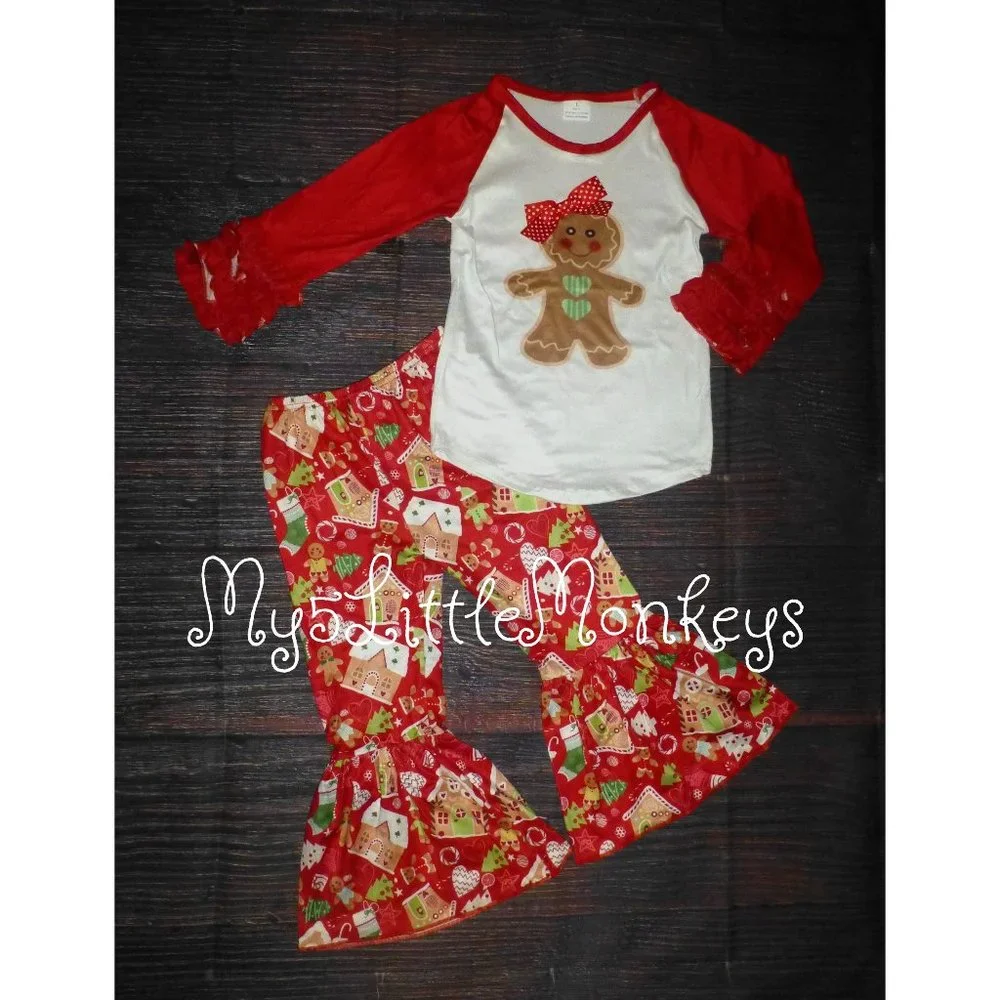 Boutique Gingerbread Girls Bell Bottoms Christmas Outfit Set